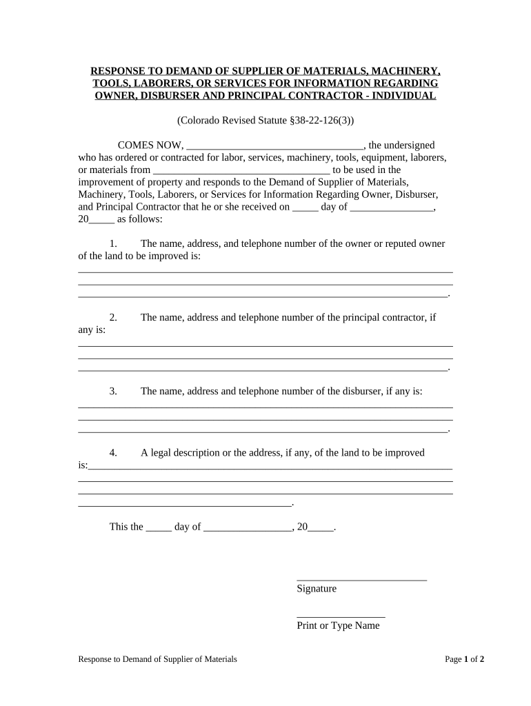 Response to Demand of Supplier of Materials, Machinery, Tools, Laborers, or Services for Information Regarding Owner, Disburser,