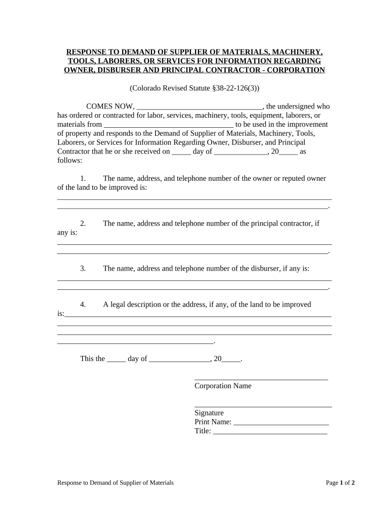 Response to Demand of Supplier of Materials, Machinery, Tools, Laborers, or Services for Information Regarding Owner, Disburser,