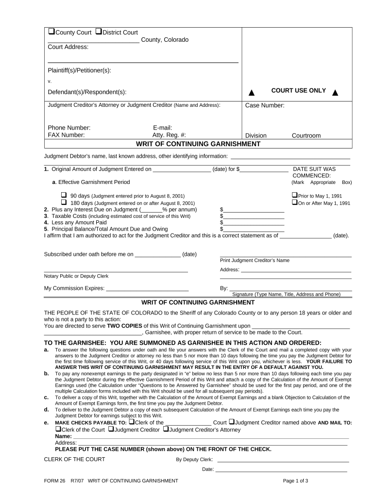 Writ Continuing Garnishment  Form