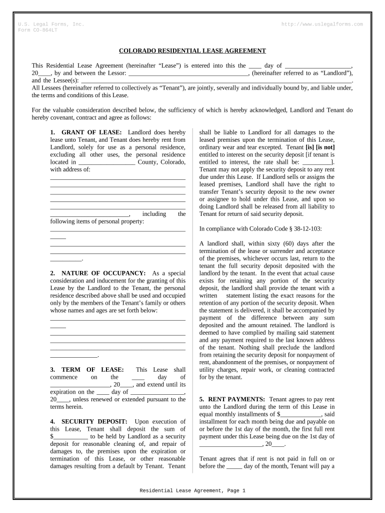 Residential Rental Lease Agreement Colorado  Form