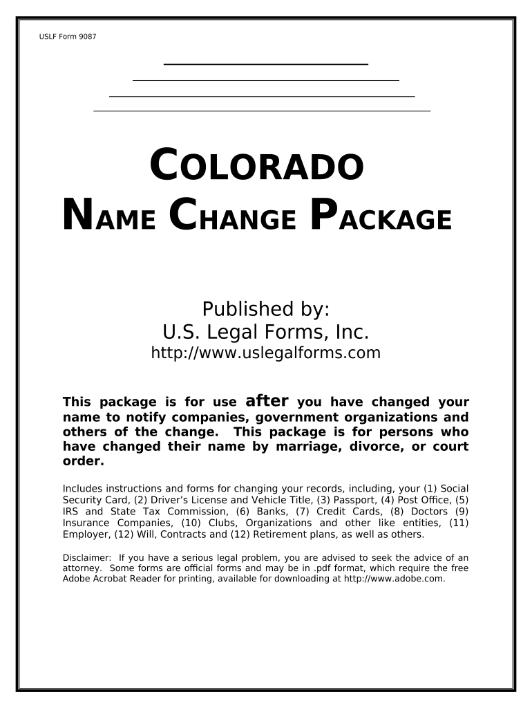 Name Change Notification Package for Brides, Court Ordered Name Change, Divorced, Marriage for Colorado Colorado  Form