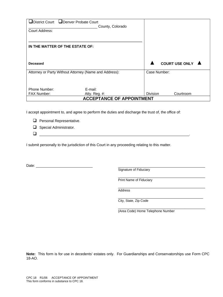 Acceptance of Appointment Colorado  Form