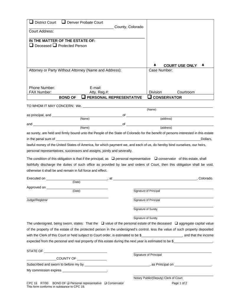 Bond Personal Representative  Form