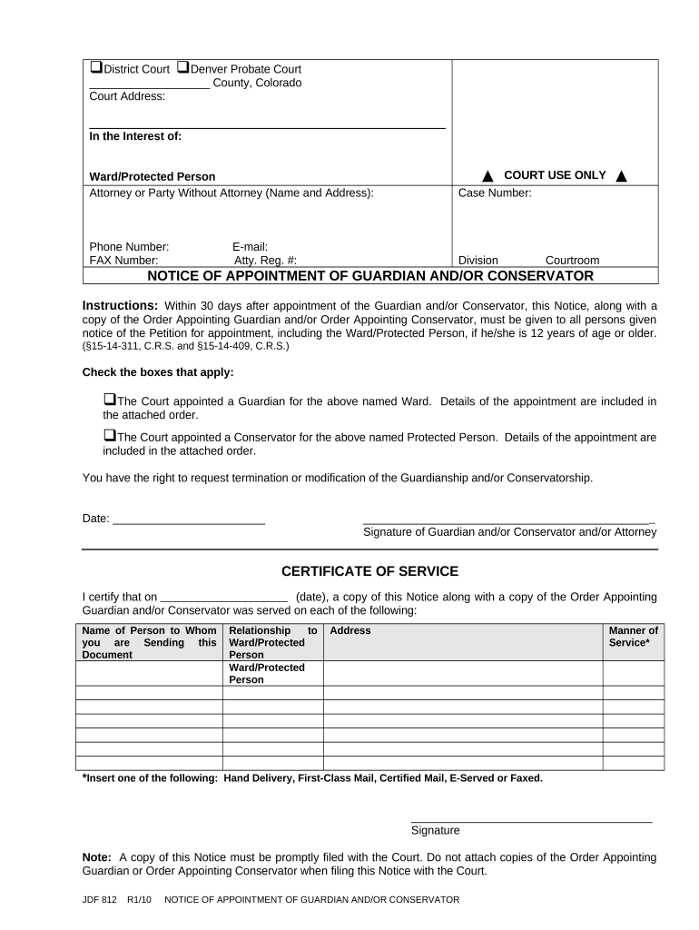 Notice of Appointment of Guardian and or Conservator and Notice of Right to Request Termination Modification Revised 1 01 Colora  Form