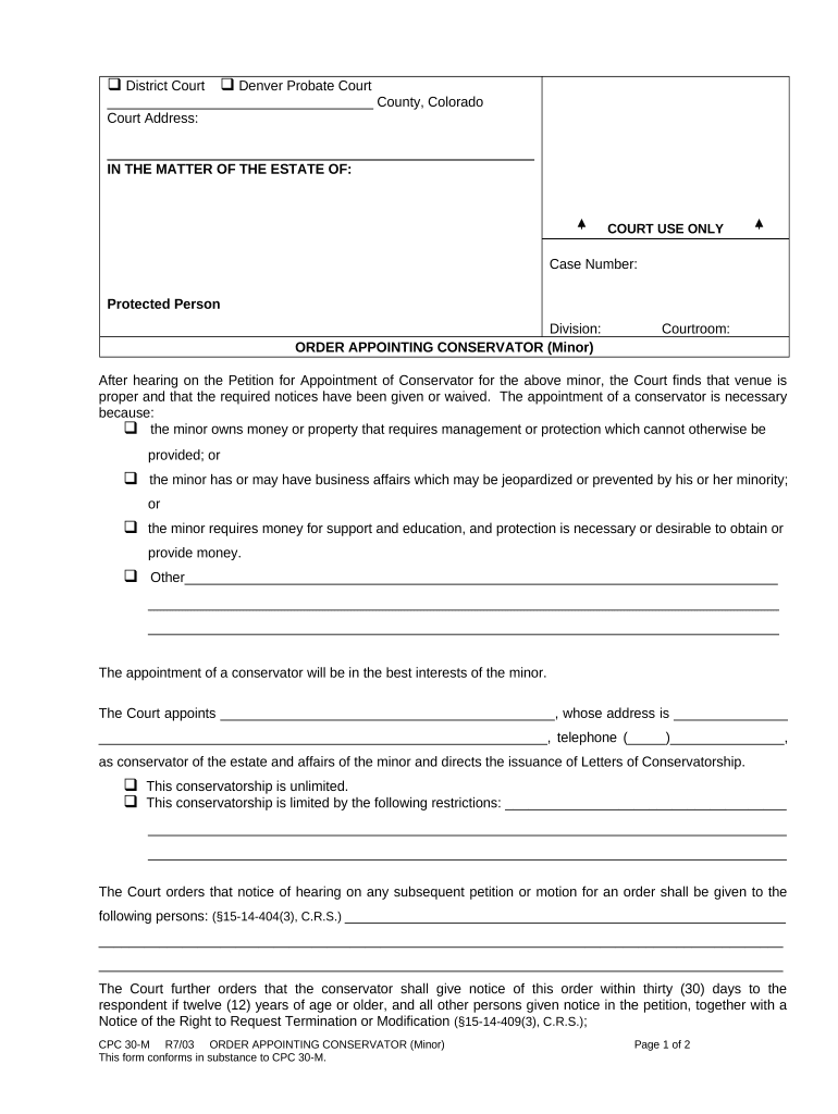 Order Appointing Conservator Minor Colorado  Form