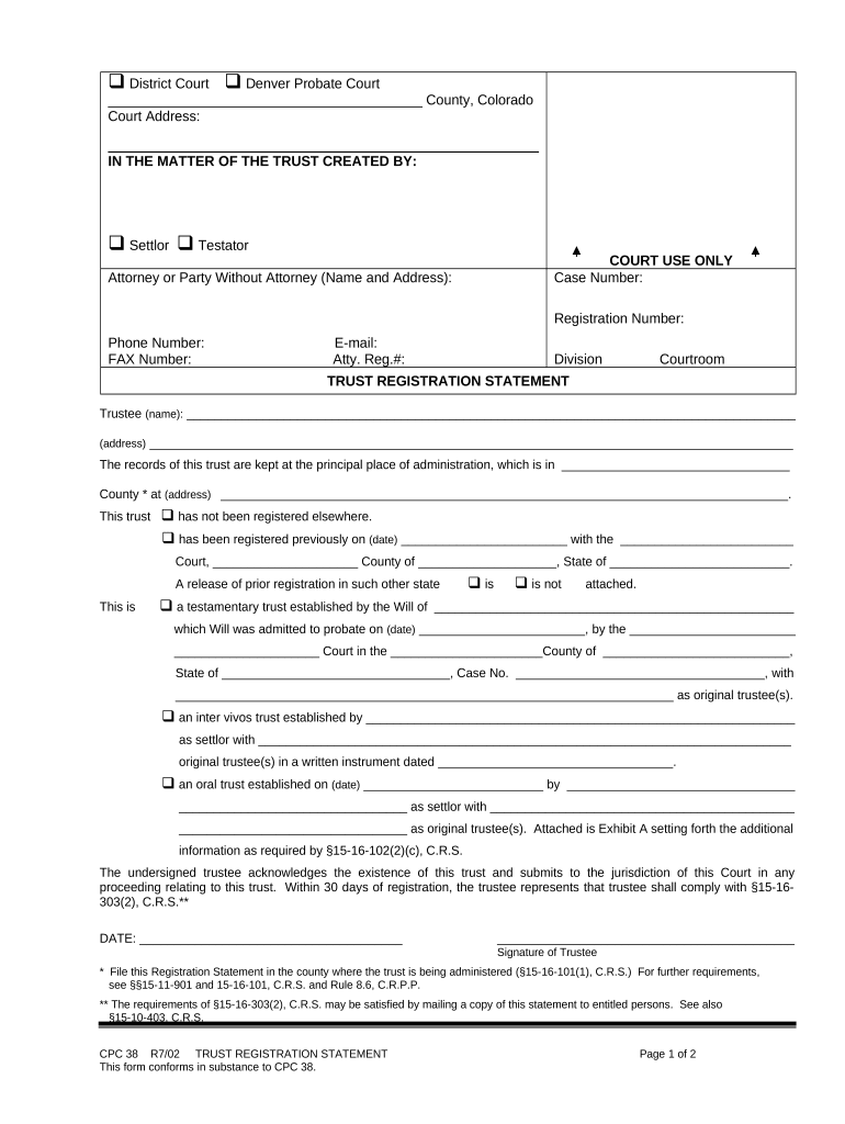 Trust Registration Statement Colorado  Form