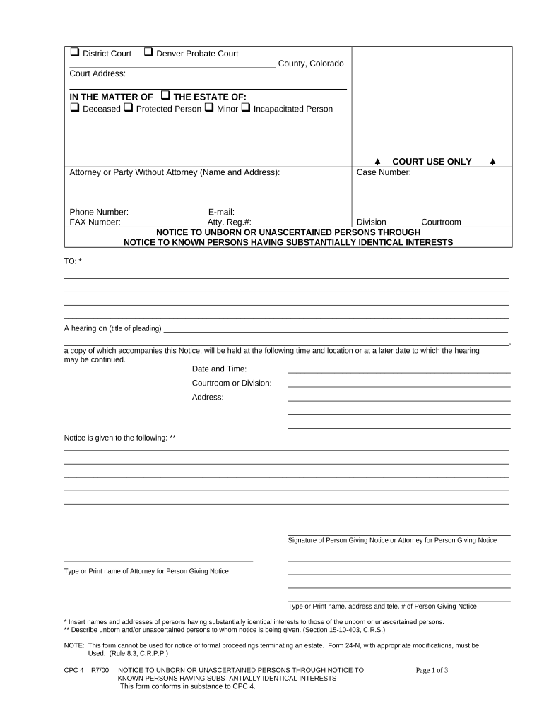 Notice to Unborn or Unascertained Persons through Notice to Known Persons Having Substantially Identical Interests Colorado  Form