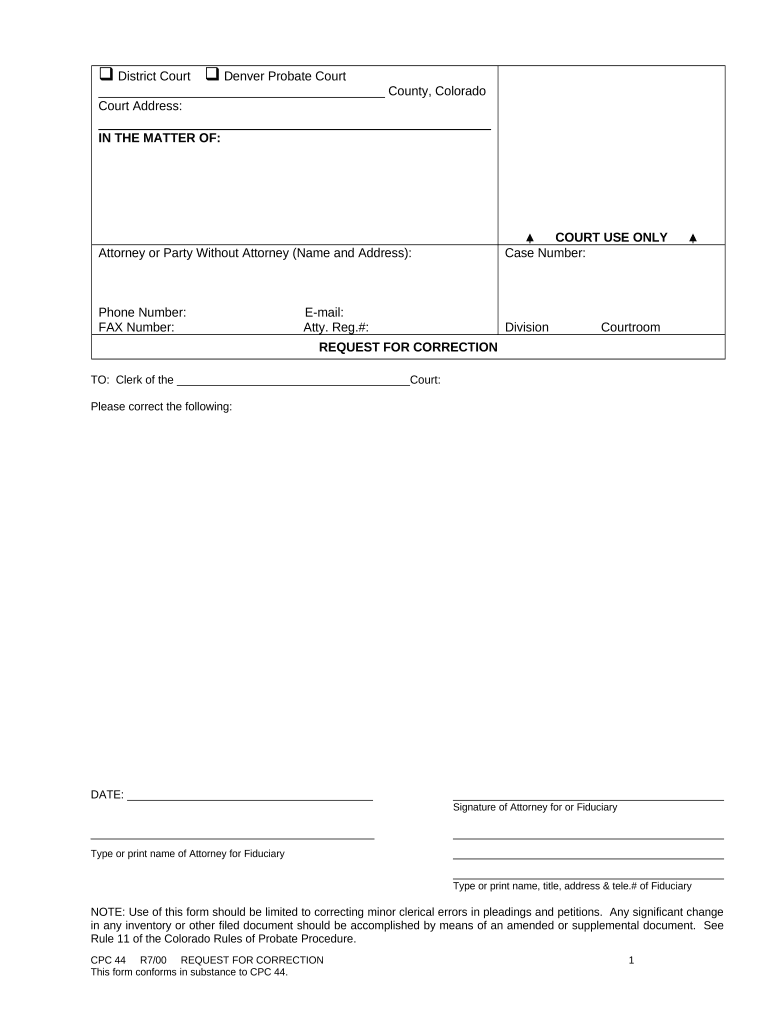 Request for Correction Colorado  Form