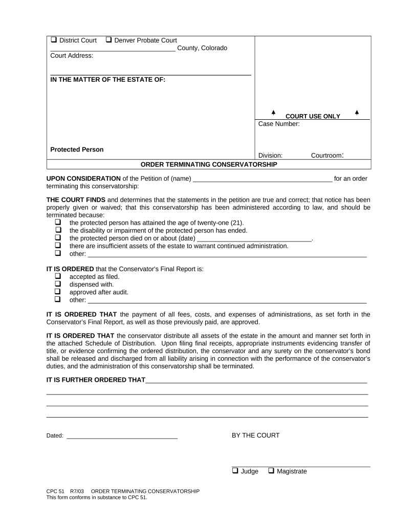 Order Terminating Conservatorship Colorado  Form