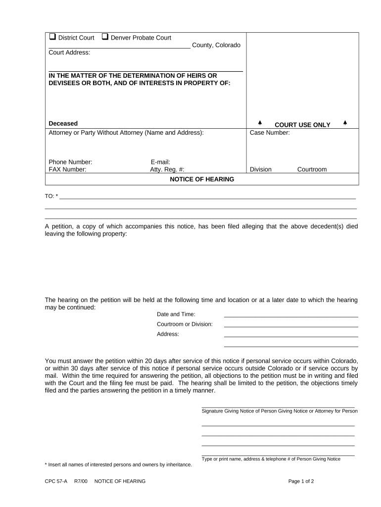 Notice of Hearing as to Determination of Heirs or Devisees Colorado  Form
