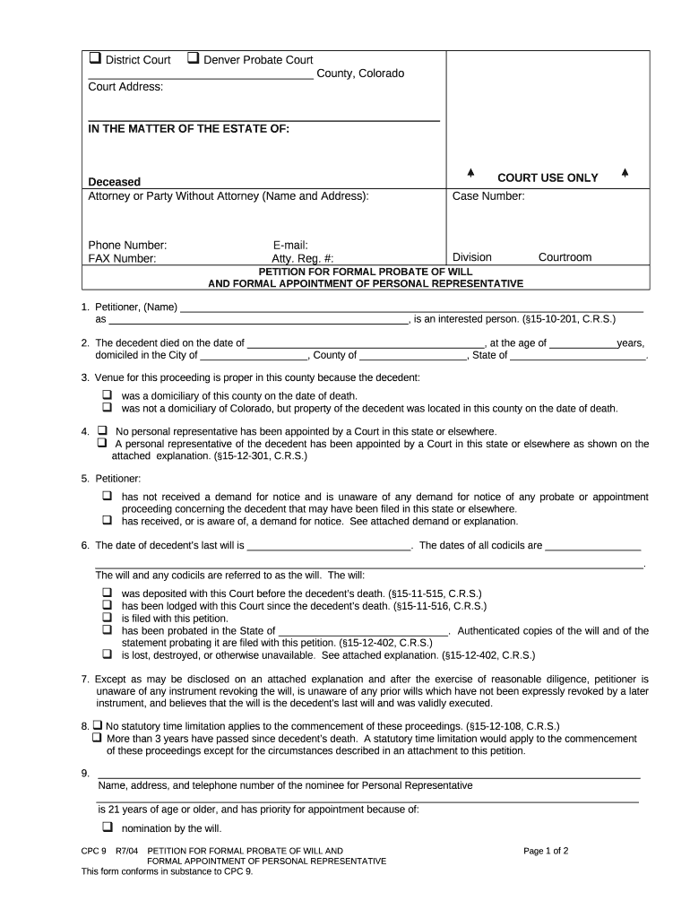 Colorado Personal Representative  Form
