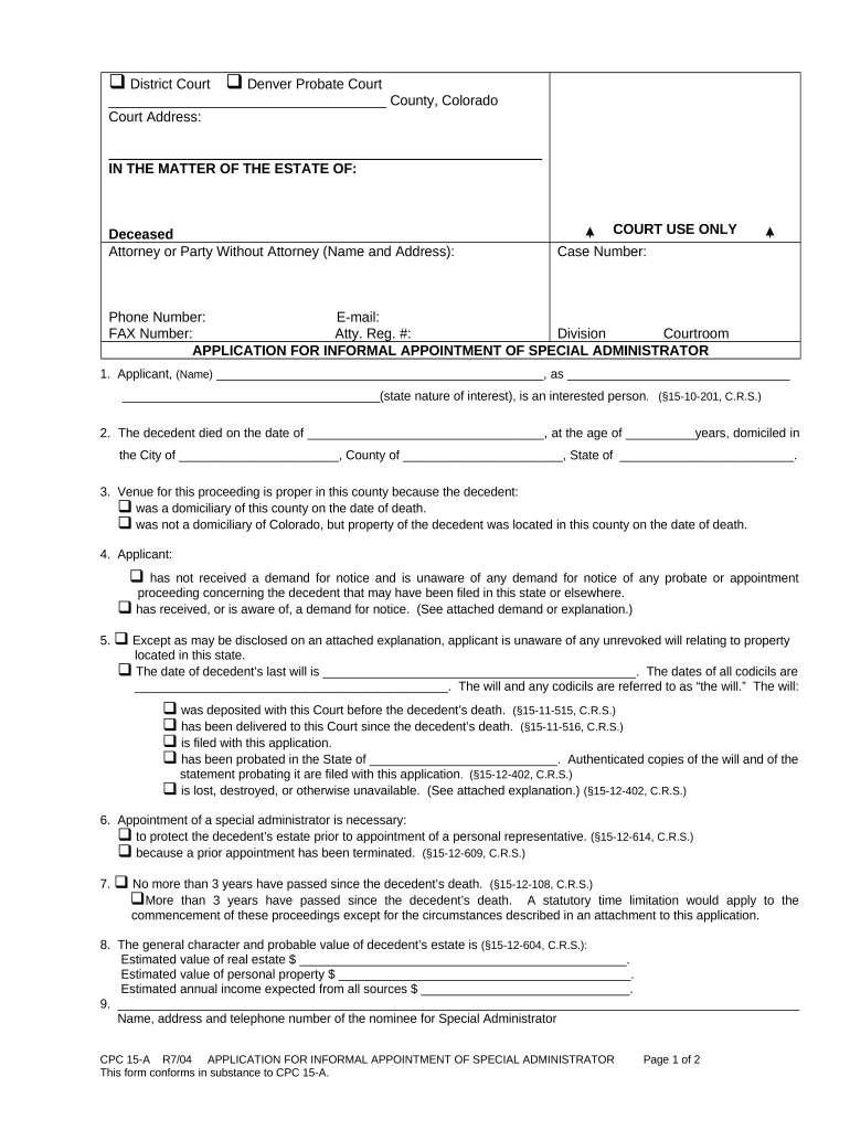 Application for Informal Appointment of Special Administrator Colorado