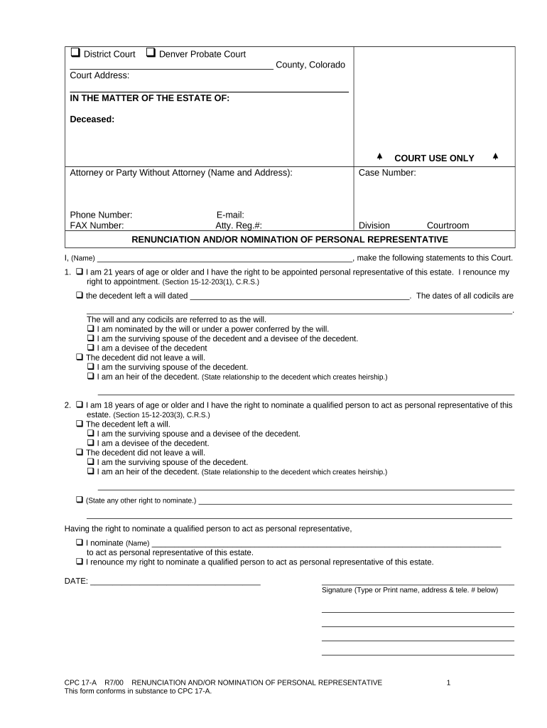 Renunciation Personal Representative  Form
