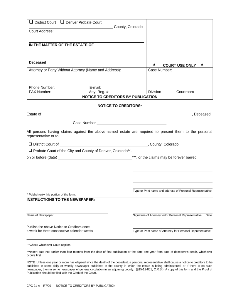 Notice Creditors Colorado  Form