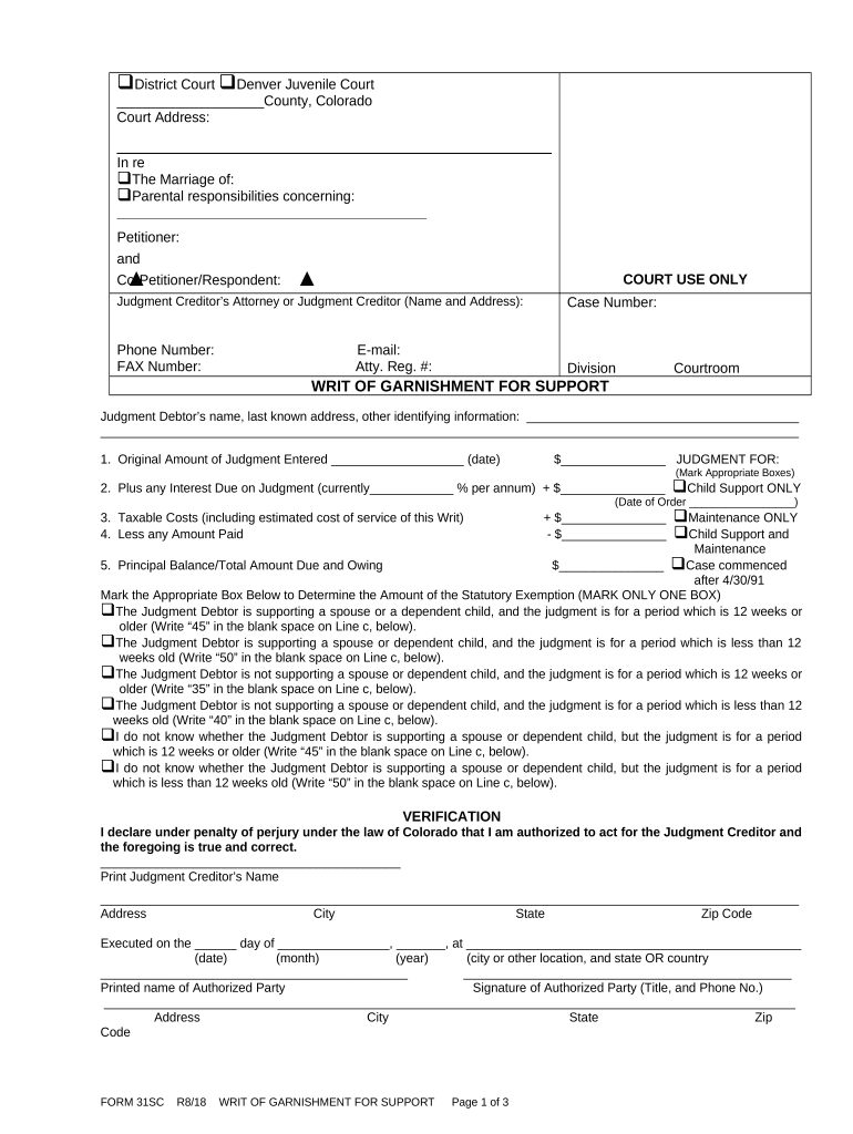 Writ of Garnishment for Support Colorado  Form