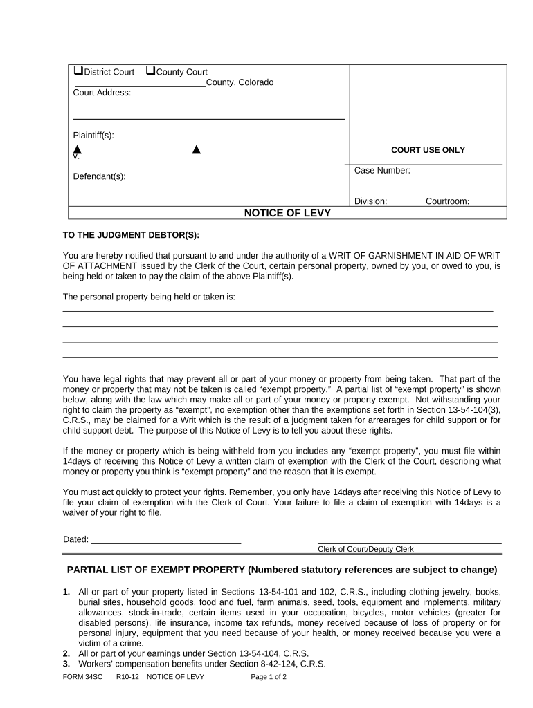 Notice of Levy Colorado  Form