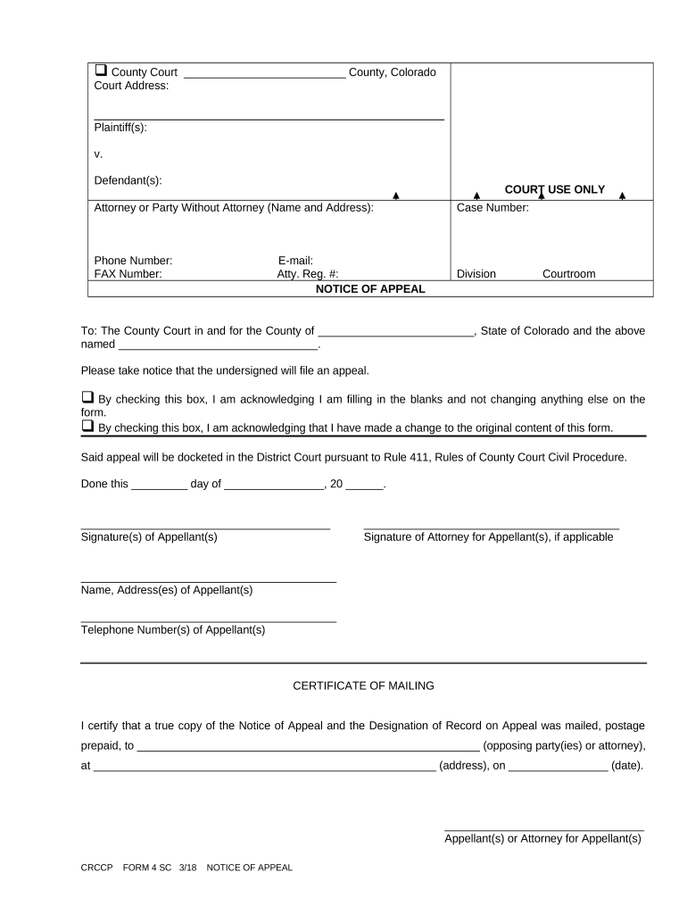 Notice of Appeal Colorado  Form