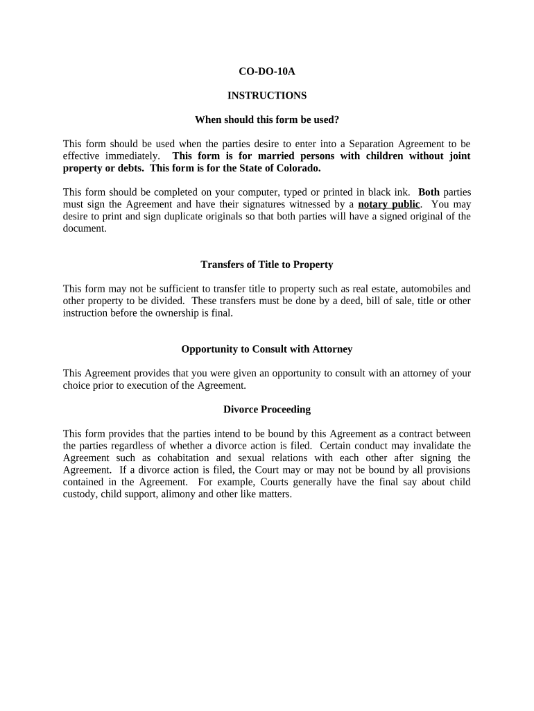 Marital Legal Separation and Property Settlement Agreement Where Minor Children and No Joint Property or Debts that is Effective  Form