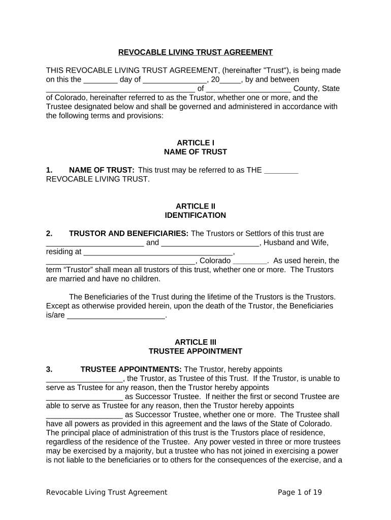 Living Trust for Husband and Wife with No Children Colorado  Form