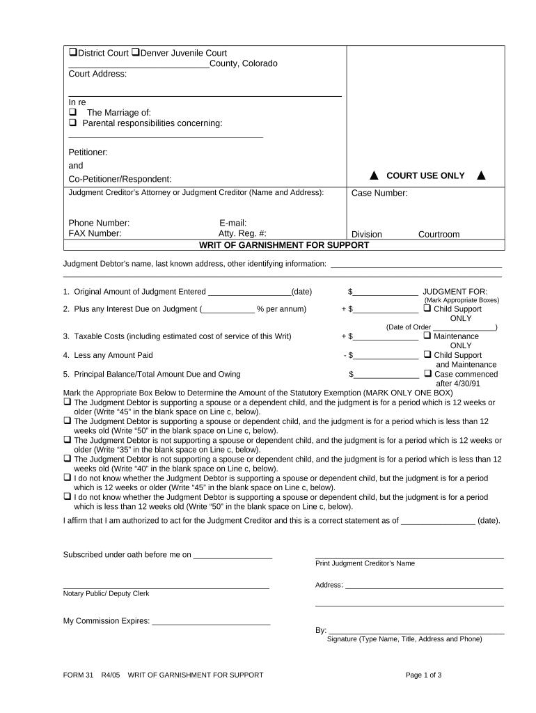Colorado Garnishment Support  Form