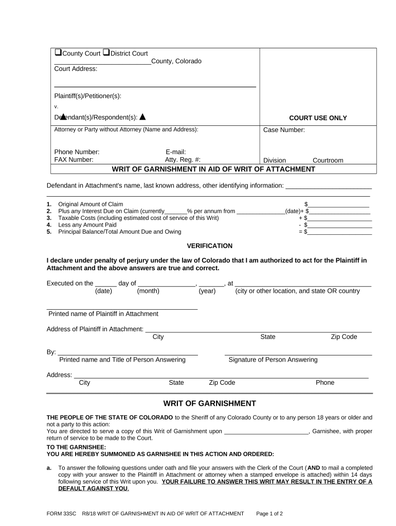 Colorado Writ Attachment  Form