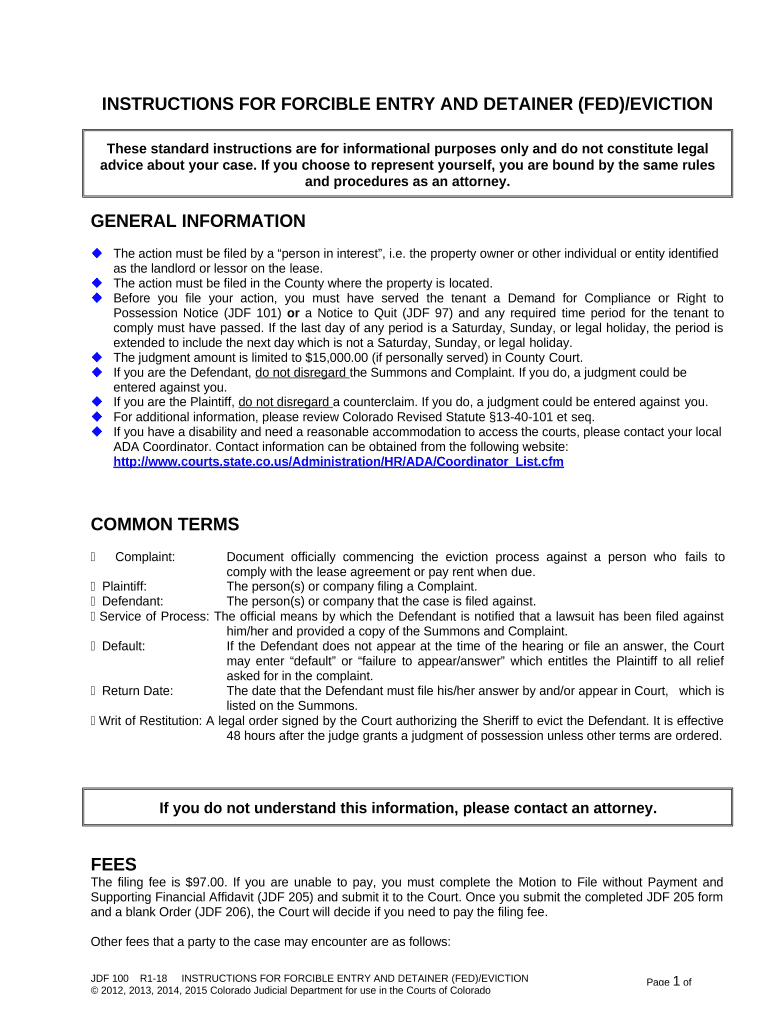 Instructions for Forcible Entry and Detainer Colorado  Form