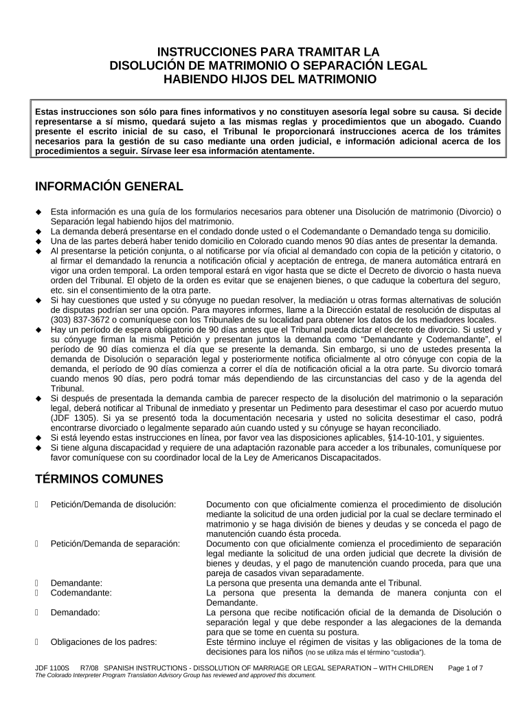 Instructions to File for a Dissolution of Marriage or Legal Separation with Children of This Marriage Spanish Colorado  Form