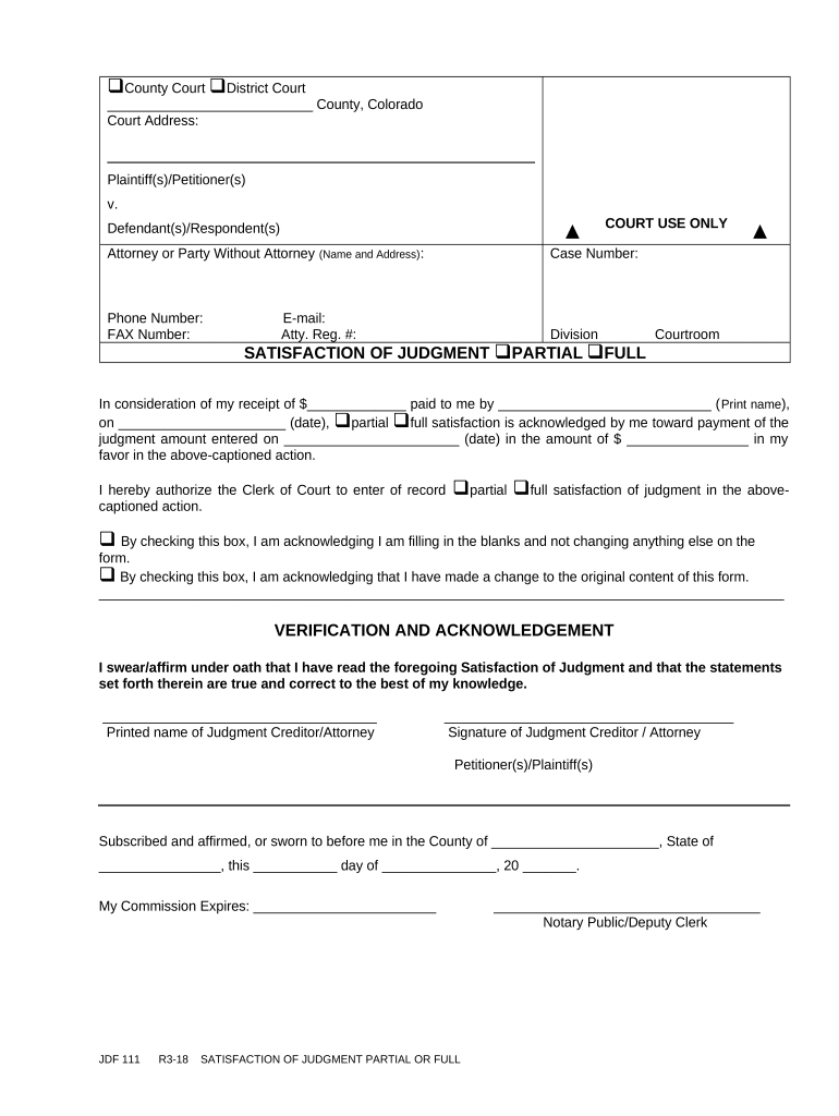 Colorado Satisfaction Judgment  Form