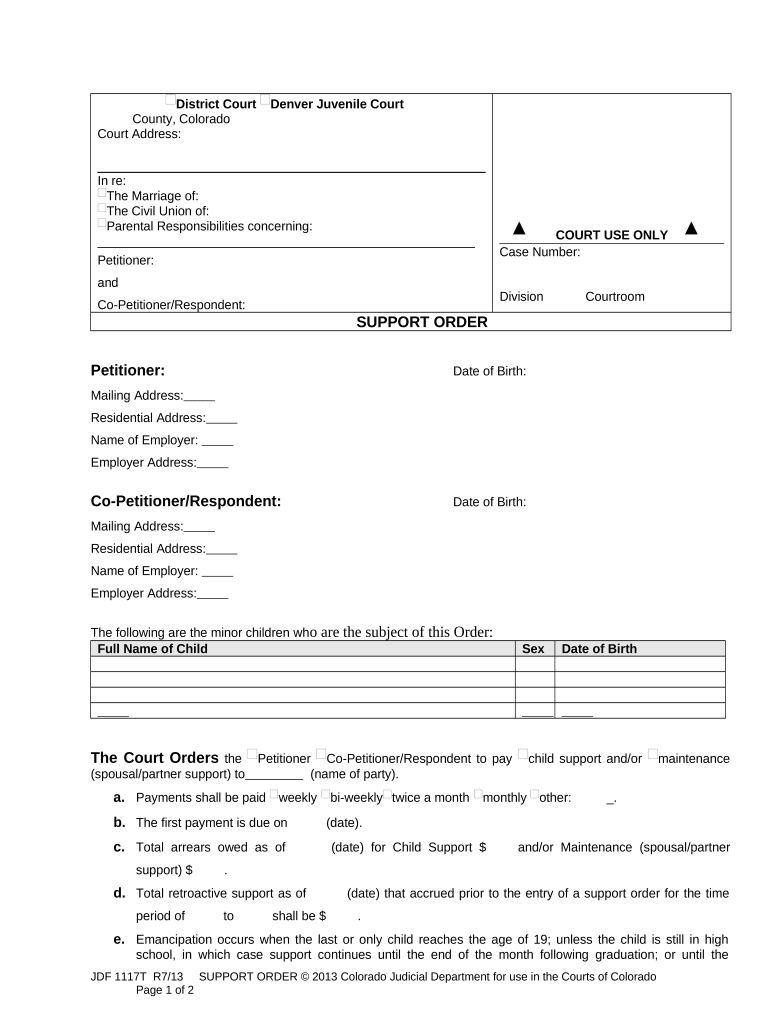 Support Order Attachment to Decree Colorado  Form