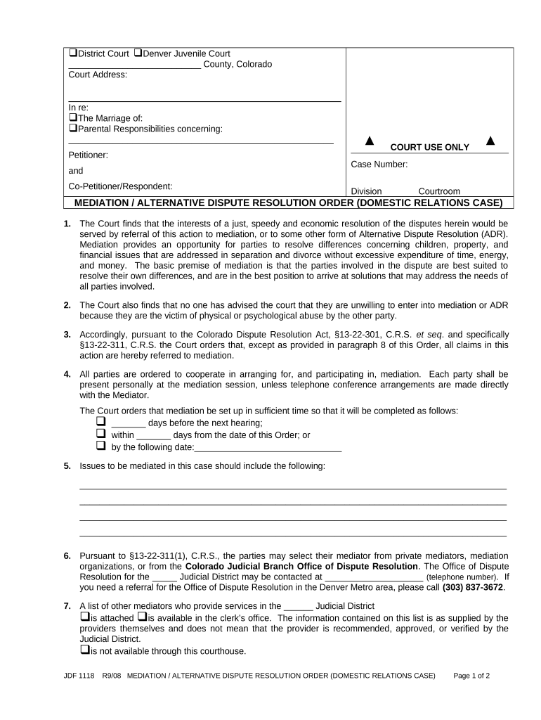 Mediation Alternate Dispute Resolution Order Domestic Relations Case Colorado  Form
