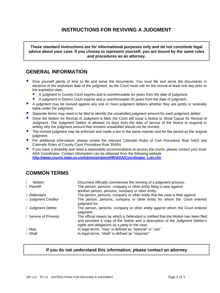 Instructions for Reviving a Judgment Colorado  Form