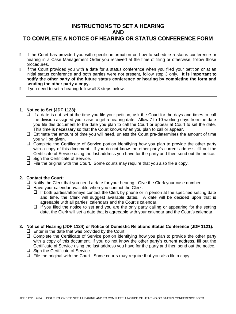 Instructions to Set a Hearing and to Complete a Notice of Hearing or Status Conference Form Colorado
