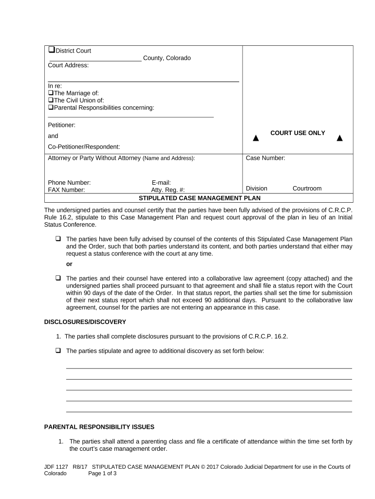 Stipulated Case Management Plan  Form