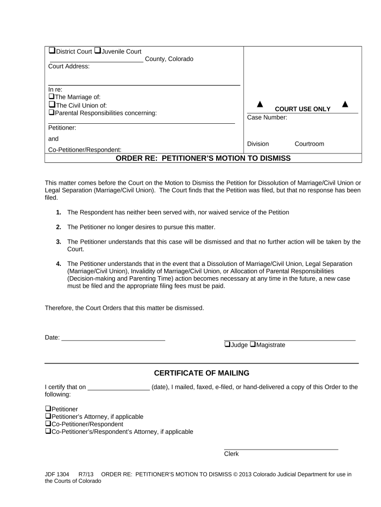 Order Regarding Petitioner's Motion to Dismiss Colorado  Form