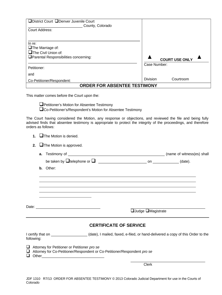Order for Telephone Testimony Colorado  Form