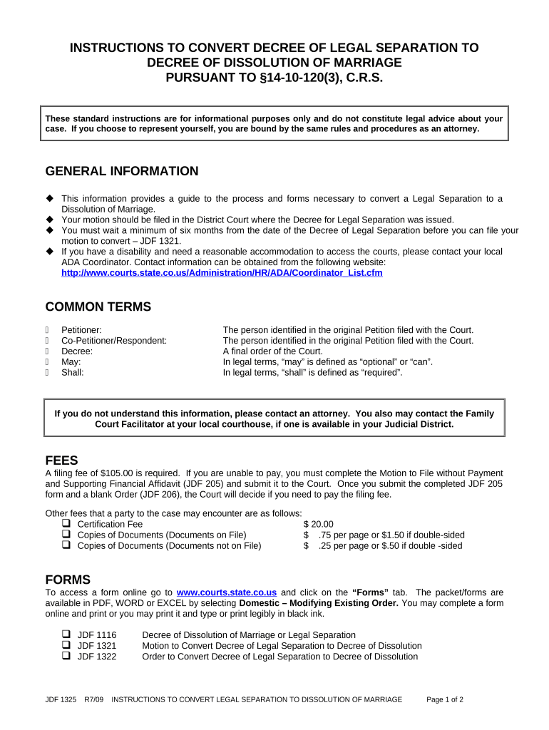 Instructions to Convert Decree of Legal Separation to Decree of Dissolution of Marriage Pursuant to Section 14 10 1203, C R S Co  Form