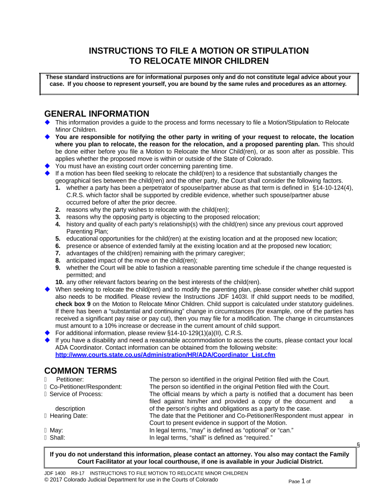 Instructions to File a Motion or Stipulation to Relocate Minor Children Colorado  Form