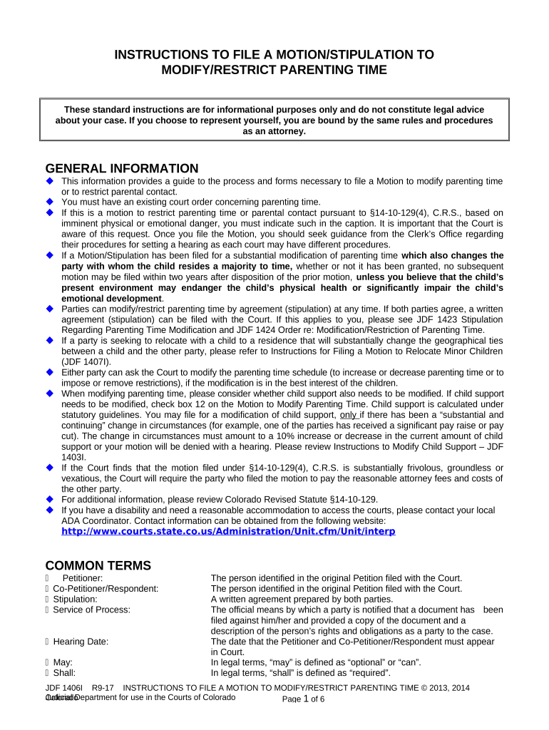 Instructions for Motion to Modify Restrict Parenting Time Colorado  Form