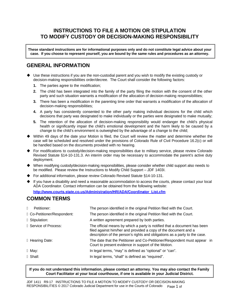 Instructions to File a Motion or Stipulation to Modify Custody or Decision Making Responsibility Colorado  Form