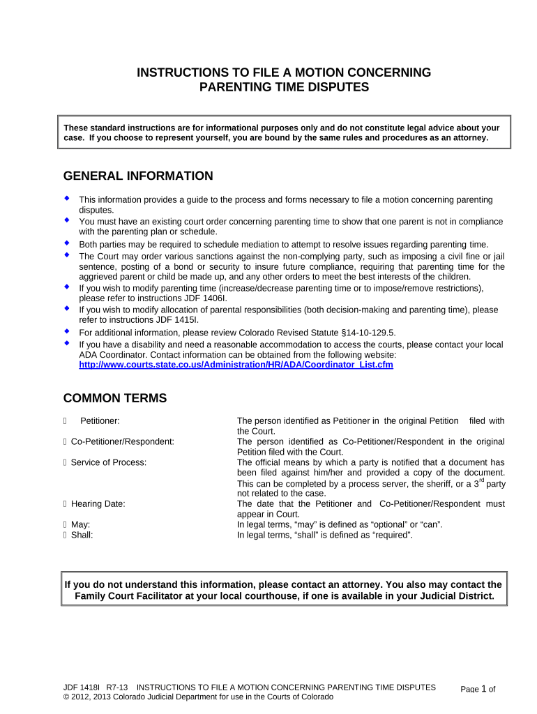 Instructions to File a Motion to Concerning Parenting Time Disputes Colorado  Form