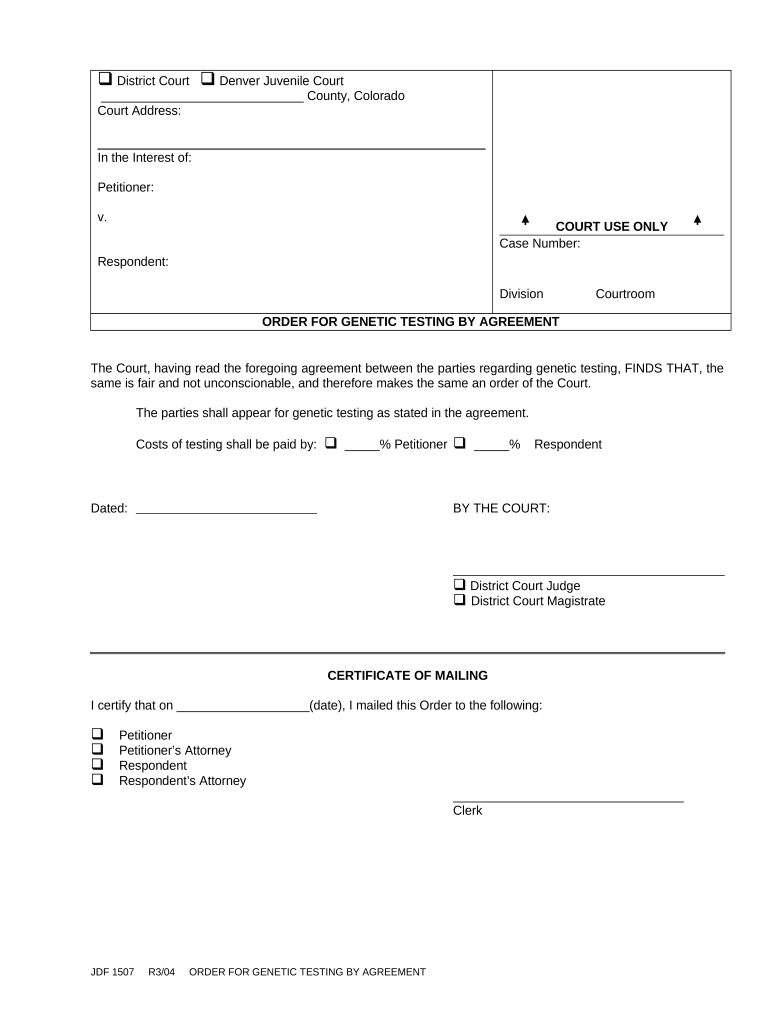 Order for Genetic Testing by Agreement Colorado  Form