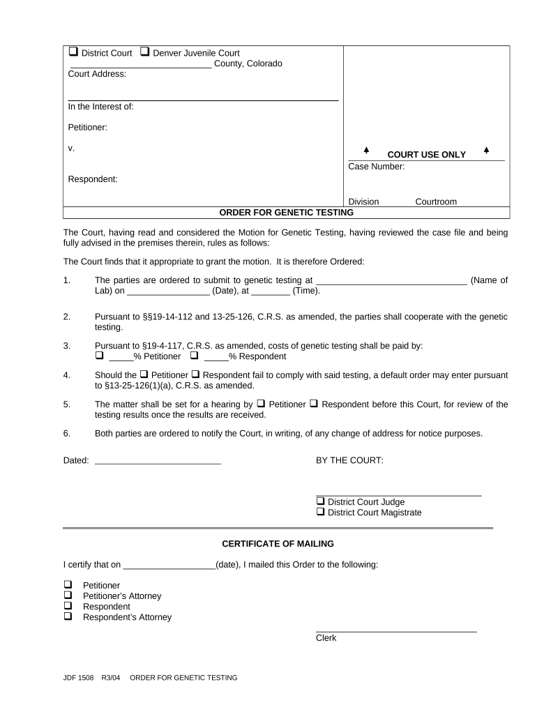 Order for Genetic Testing Colorado  Form