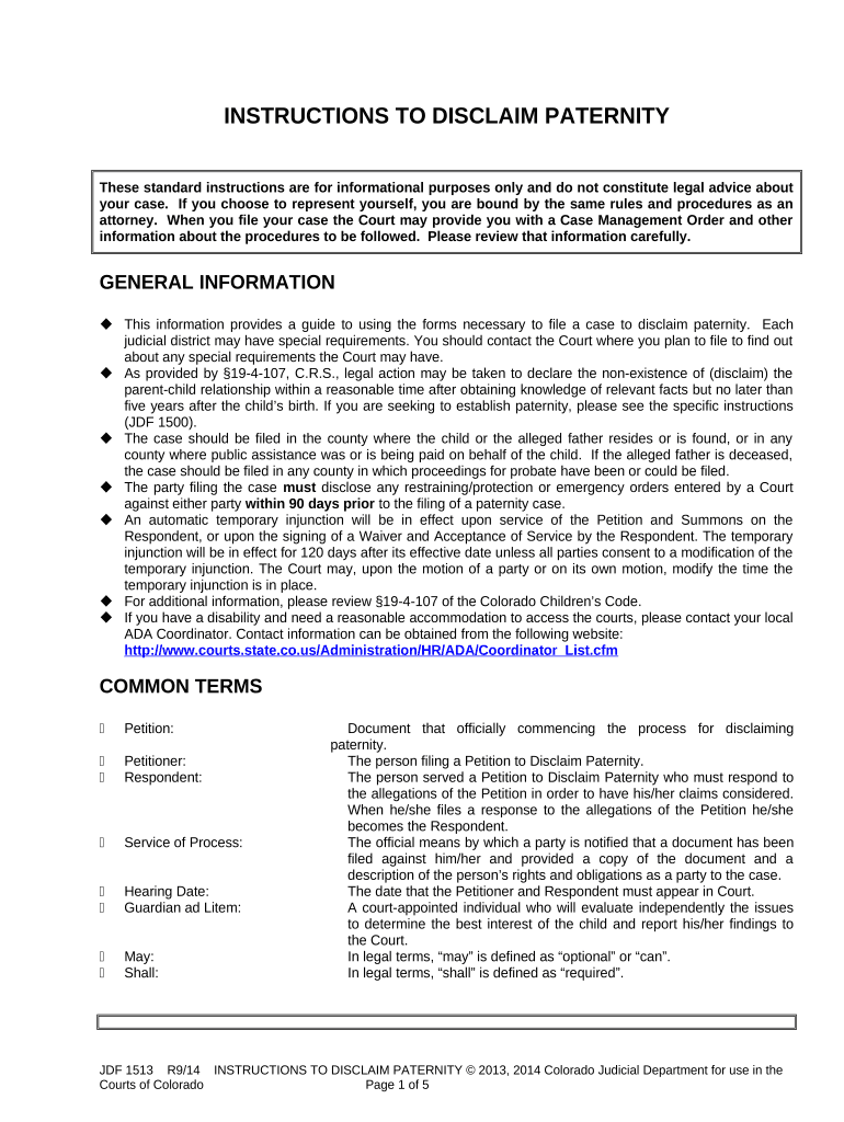 Instructions to Disclaim Paternity Colorado  Form