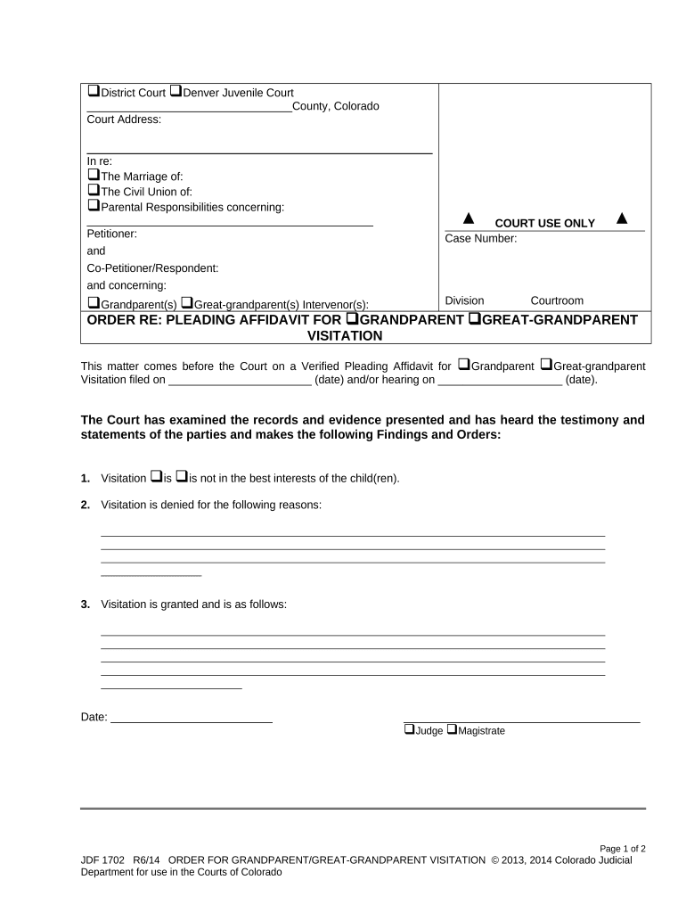 Affidavit in Support of Grandparents Visitation Colorado  Form