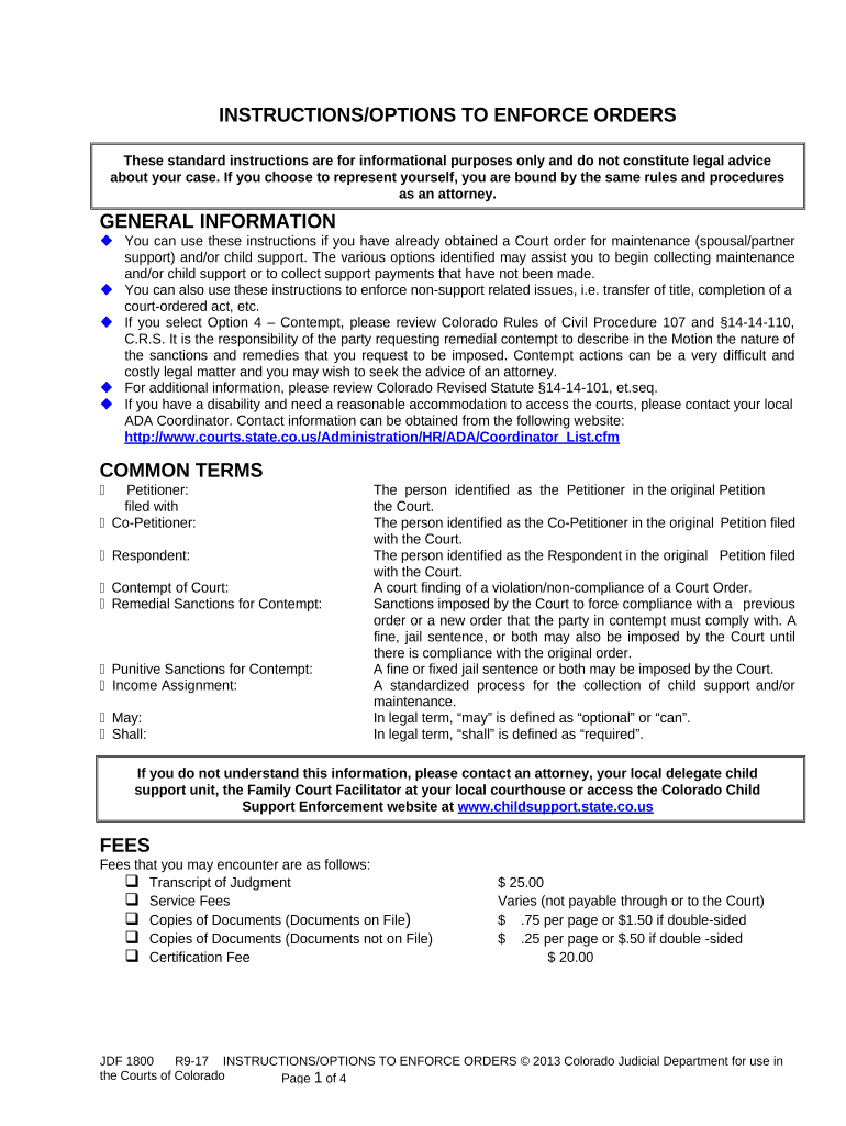 Instructions Options to Enforce Orders Colorado  Form