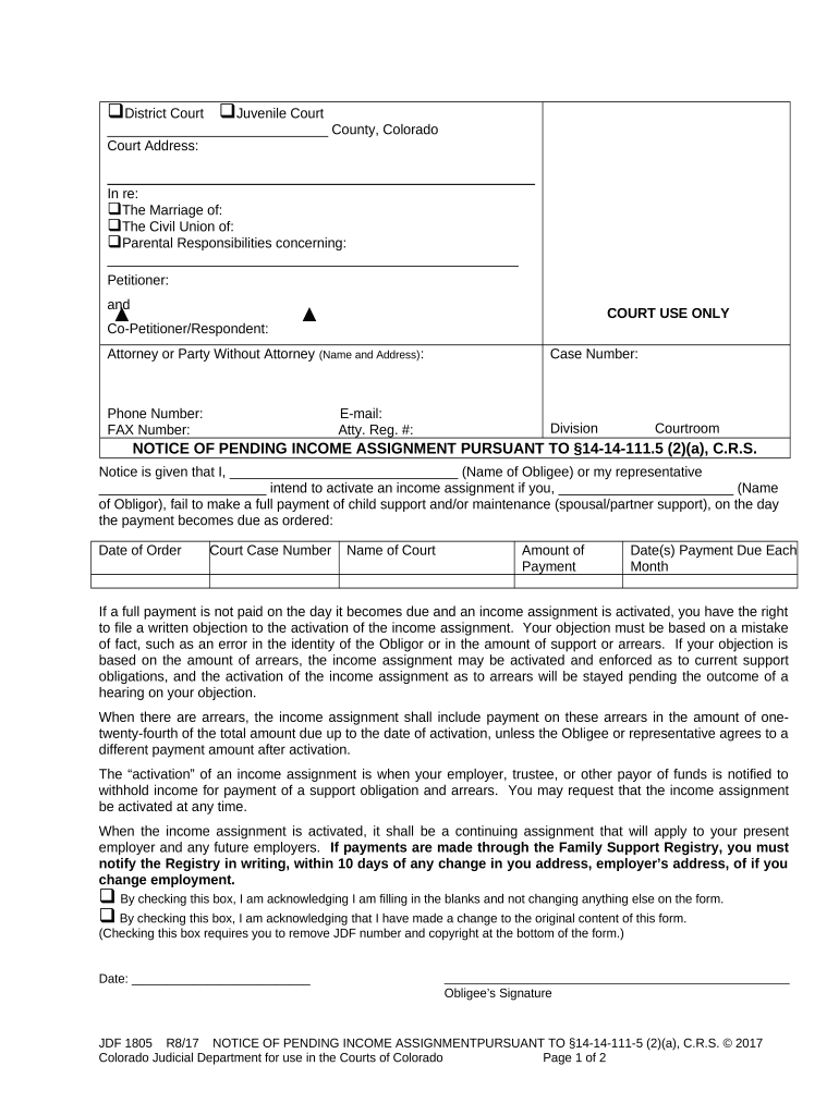 Income Assignment Colorado  Form