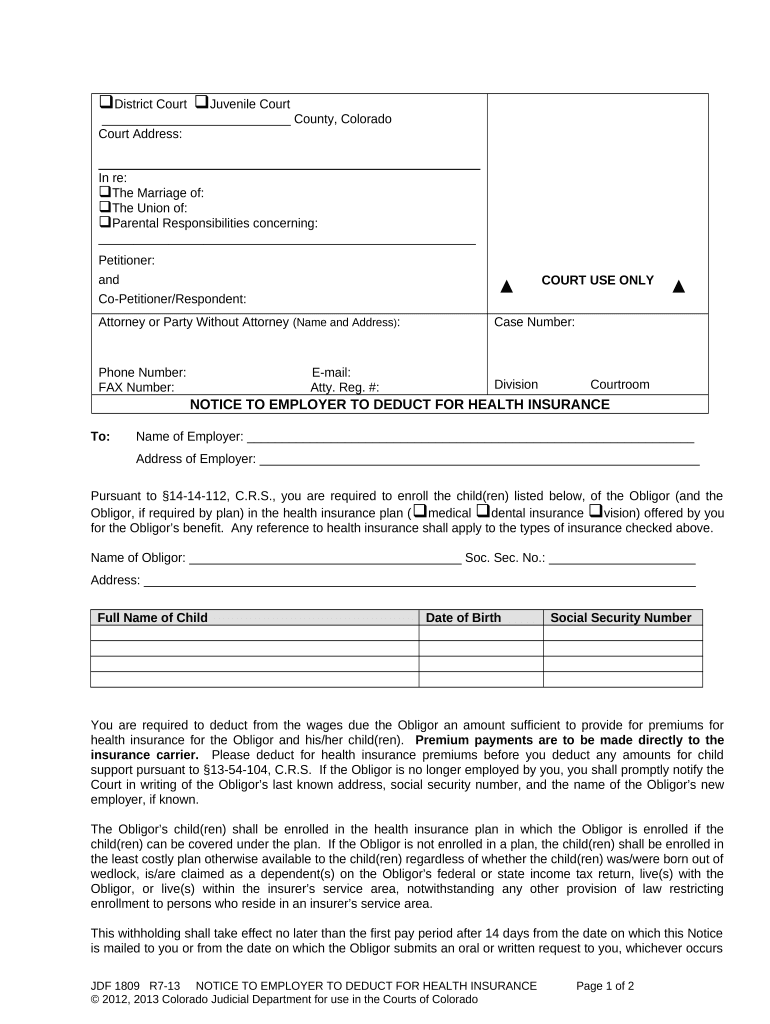 Notice to Employer to Deduct for Health Insurance Colorado  Form