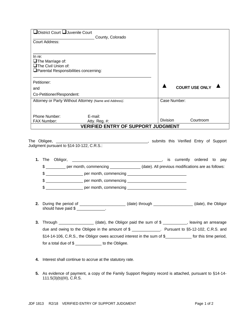 Verified Entry Support Judgment Colorado  Form
