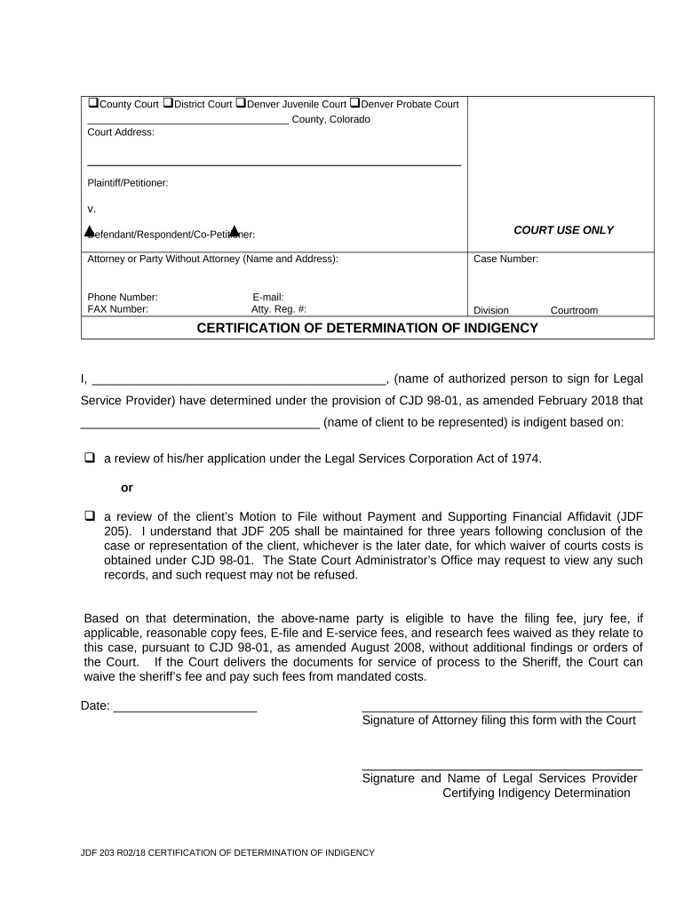 Certification of Determination of Indigency Colorado  Form