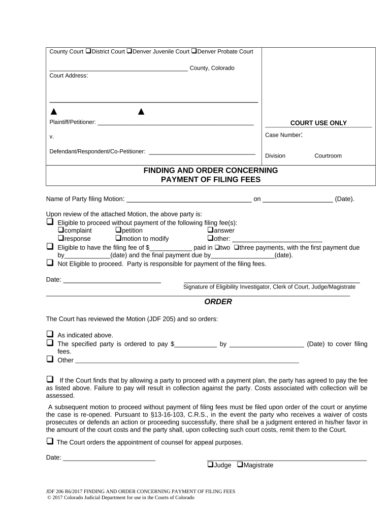 Finding and Order Concerning Payment of Fees Colorado  Form